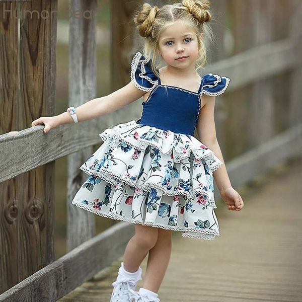Humor Bär Sommer Kinder Kleidung Quadrat Kragen Kleid Kausal Infant Layered Kleider Baby Mädchen Kleidung Rüschen Print Kleid 210303