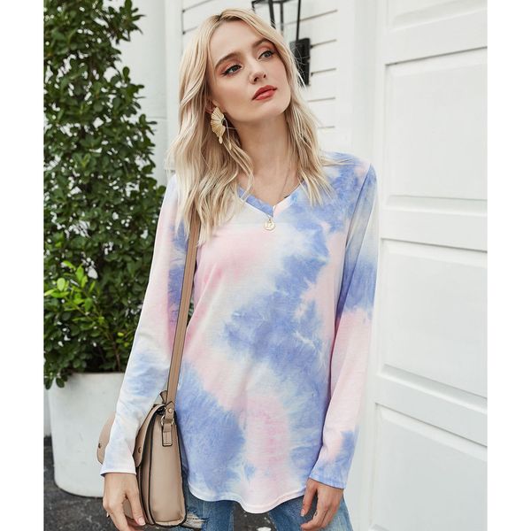 

2021 european american autumn and winter tie-dye long sleeve women's fashion v-neck print t shirt nnd1, White