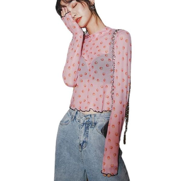 

women's t-shirt peach pink t shirts women summer full sleeve mesh woman korean transparent crop, White