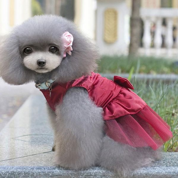 

dog apparel tutu spring princess dress puppy clothes shiny rhinestone summer chihuahua costume bowknot decor cute mesh hem pet