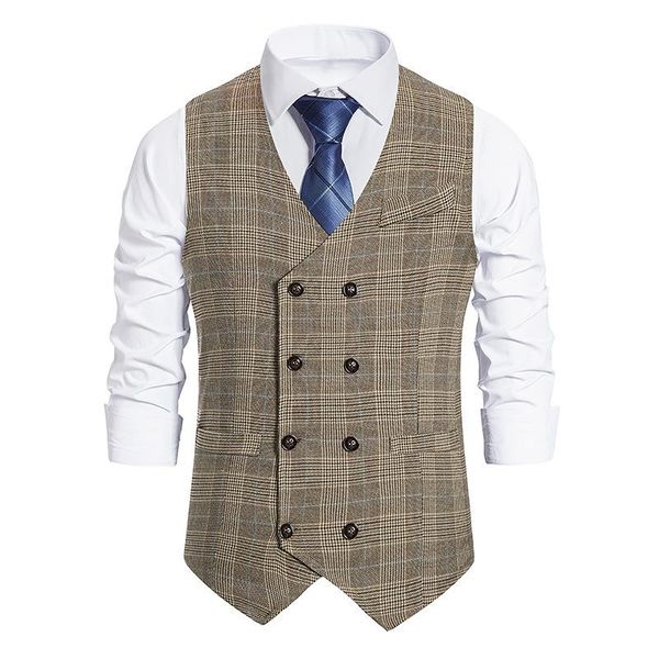 

men's vests parklees mens gentleman double breasted suit vintage plaid casual business wedding prom v neck tuxedo vest waistcoat men, Black;white