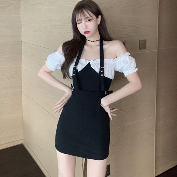 

casual dresses women shoulder two-piece neck for vestido de mujer femme robe, Black;gray