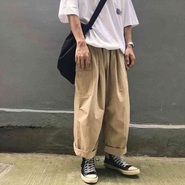 

men casual straight japanese cargo pants mens loose collage wide leg pants male streetwear trousers, Black