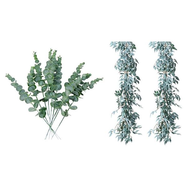 

new 2 pack artificial gray greenery garland (gray willow leaves) with 20pcs green simulation artificial eucalyptus leaf