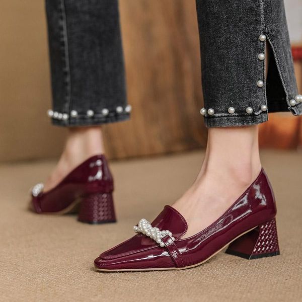

dress shoes spring autumn office lady women patent leather pointed toe pearls pumps square heel boat ladies 8999n, Black