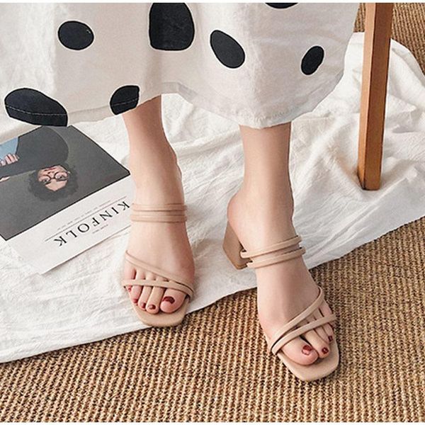 

dress shoes women's sandals 2021 ladies square heels elegant summer slippers outside cross tied leather female slides fashion woman, Black
