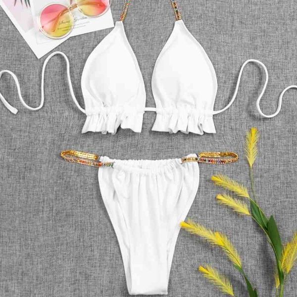 

women's swimwear selling solid color crystal chain bikinis open back ruffle hem summer beach bikini padd in two piece swimsui, White;black