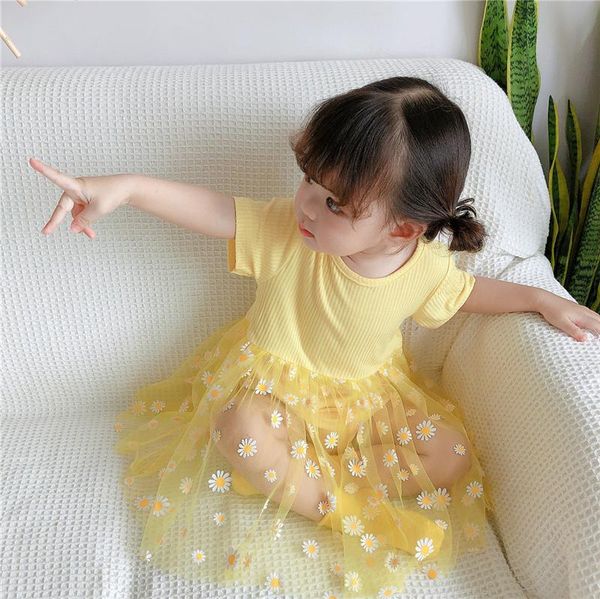

girl's dresses baby toddler girl chrysanthemum pattern flower net yarn romper dress pink yellow black 0-2 years, Red;yellow