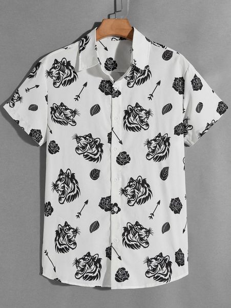 

romwe guys tiger & floral graphic button front shirt 19ih#, White;black