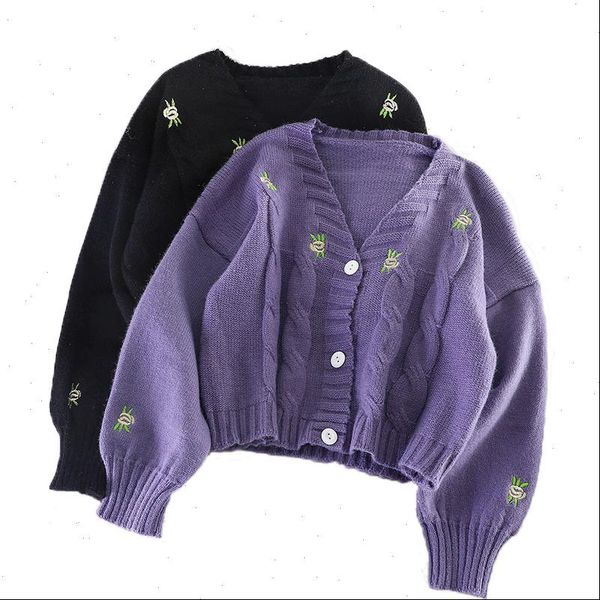 

spring and autumn v neck lantern sleeve embroidery hollow flowers gentle cute cardigan womens knit fashion loose sweater, White;black