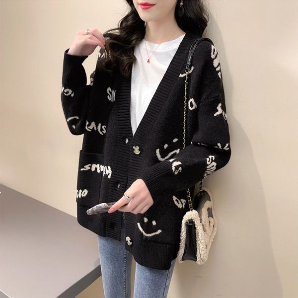 

luxury women's jackets fashion autumn and winter smiling face knitted cardigan sweater coat women's loose korean 2021 style extern, Black;brown