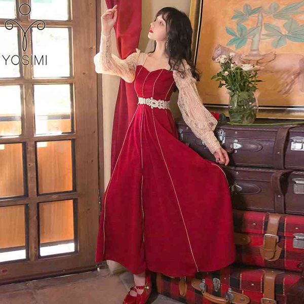 YOSIMI Abito rosso da donna elegante estivo in chiffon e pizzo con cintura ricamata a maniche lunghe vintage 210604