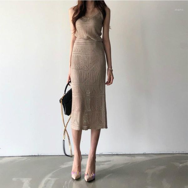 

summer sheer casual elegant two piece set for women sleeveless hollow out knitted slip blouse and tight wrap skirt ladies dress, White