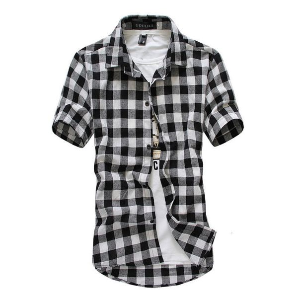 

fashion summer cats casual button-down shirt men plaid mouwen tea blue black -3xl, White;black