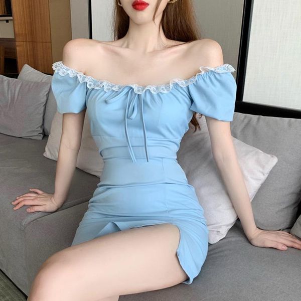 

casual dresses women's ins soft dress bubble pure color lace tight sweet fashion elegant side slit party prom, Black;gray