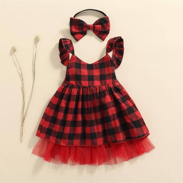 

girl's dresses 2021 girls casual two-piece clothes set simple red plaid printed pattern sleeveless dress and headdress, Red;yellow