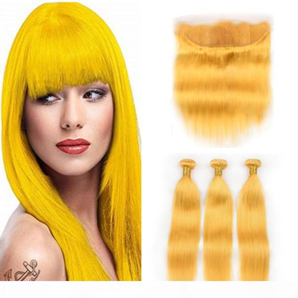 

yellow color peruvian virgin human hair wefts with part frontal straight 3bundles yellow hair weaves with 13x4 lace frontal closure, Black;brown