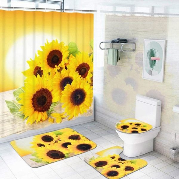 

shower curtains sunflower carpet rugs bath curtain bathroom pedestal toilet seat floor mat 180x150cm set