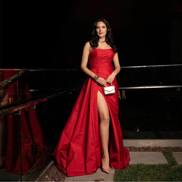 

srapless mermaid evening dresses high side split sweep train satin lace-up back satin formal prom gowns, Black;red