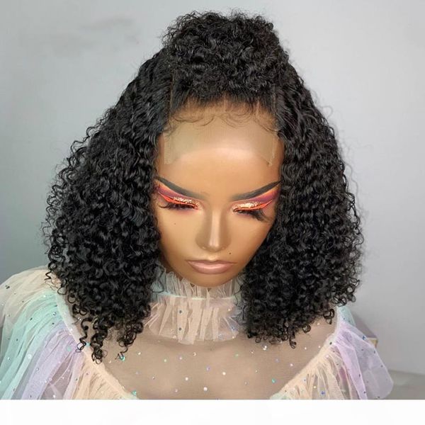 

4x4 kinky curly lace front human hair wigs brazilian remy pre-plucked human hair wig for black women short bob wig 150% density, Black;brown