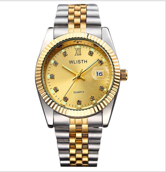 

wallis factory direct sale men's fashion watch gold dial luminous diamond inlaid dial quartz movement two-tone gold watch watches, Slivery;brown