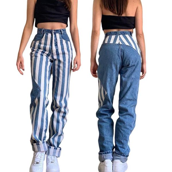 

women's pants & capris retro women long wide leg casual high waist solid vertical stripe pit elasticity pocket loose straight denim, Black;white