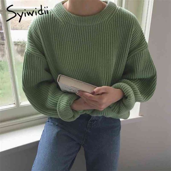 

syiwidii autumn winter woman sweaters green vintage pullovers long sleeve o-neck knitted harajuku oversized pink jumpers 210812, White;black