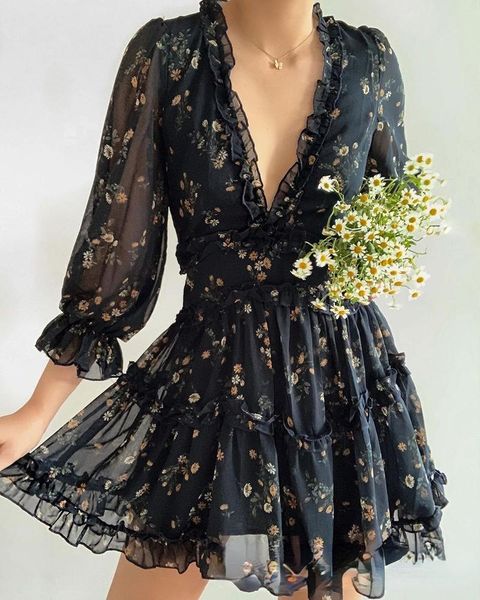 

casual dresses women's mini dress 2021 autumn full length floral long sleeve v-neck closed waist edge female, Black;gray
