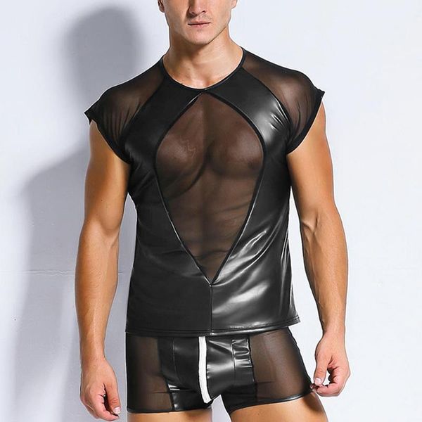 

wetlook leather mens t shirt tshirts men see through mesh patchwork tees tight shirts funny undershirts gay fitness, White;black