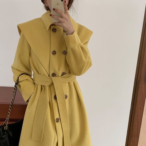 

elegant solid face female wool double breasted loose vintage pocket coat hem fancy winter jacket blend 2021 d1wl, Black