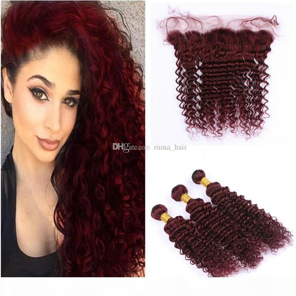 

99j deep wave hair with lace frontal brazilian virgin hair deep wave curly 99j wine red hair 3 bundles with frontal burgundy colored, Black;brown