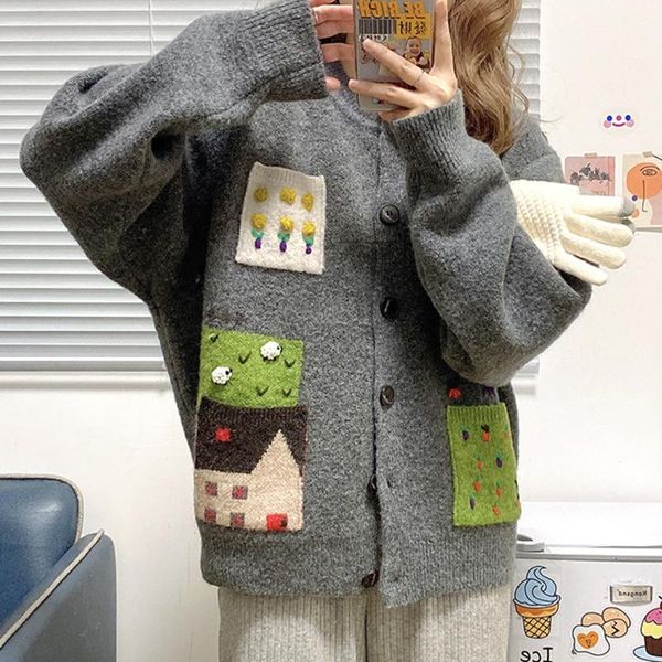 

ewq] round neck gray printed knit coats korean style cardigan single-breasted sweater patchwork 2021 spring new gray clothing, White