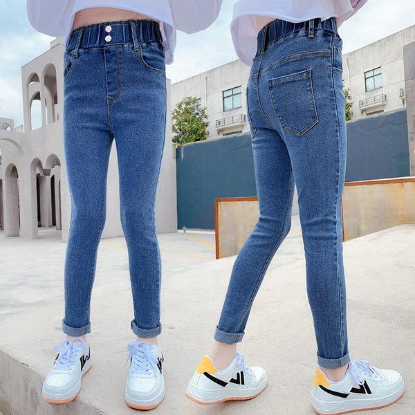 

jeans teen girls skinny arrivals kids solid high waist leggings elastic denim pants slim fit children trousers 4-14yrs, Blue