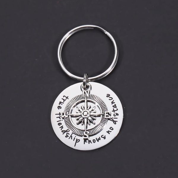 

keychains fnixtar 20pcs engarve true friendship knows no distance round keyrings metal alloy compass key chain for women's gifts, Silver