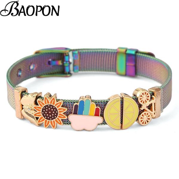 

link, chain baopon fruit series charm lemon bicycle slide beads 10mm stainless steel mesh bracelets bangles for women fashion jewelry gift, Black