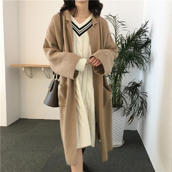 

zoulv 2021 loose big size oversize knitting autumn winter lapel long type big pockets cardigan sweater, White