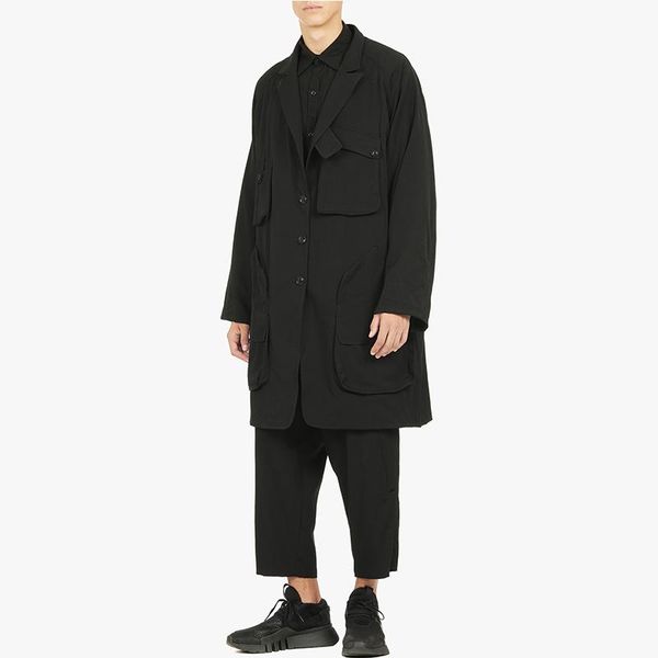 

men's trench coats classic simple double-sided multi-pocket design windbreaker medium and long loose coat in large size, Tan;black