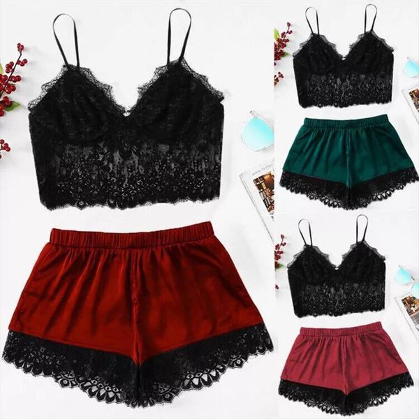 

lingerie split lace womens sleepwears two piece pajamas suit, Black;red