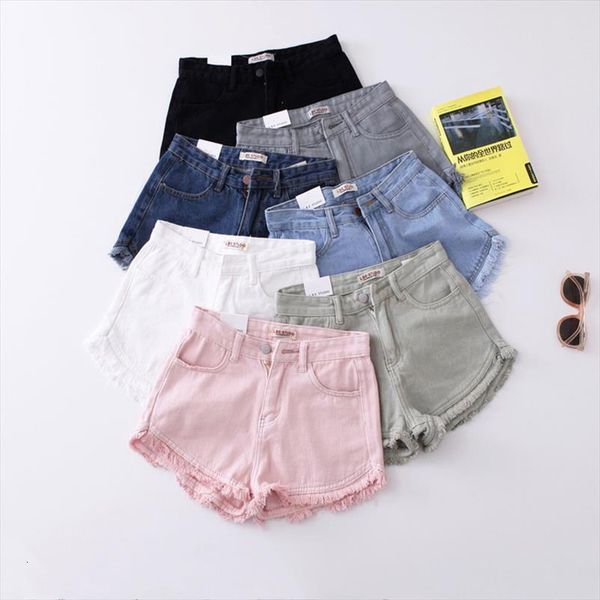 

vintage fringe denim shorts women casual pockets female jeans shorts candy colors summer high waist slim shorts, White;black