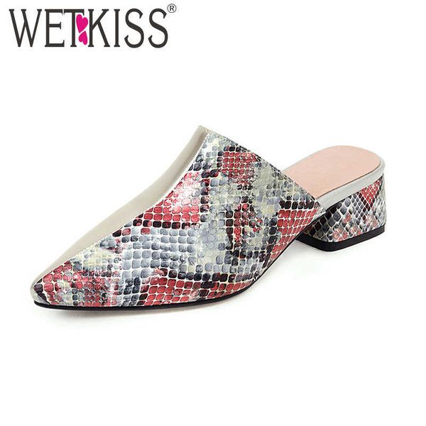 

wetkiss snakeskin slippers women shoes chunky heels mules summer pointed toe ladies slides casual woman slipper outside 210630, Black