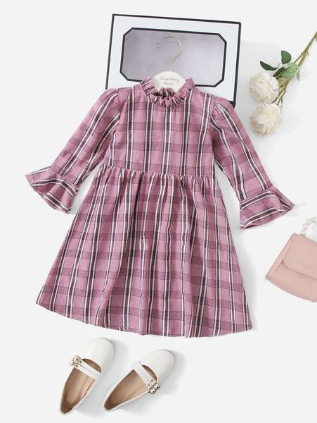 

toddler girls plaid frill neck bell sleeve dress she, Red;yellow