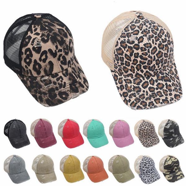

52 styles ponytai hats washed mesh back leopard camo hollow messy bun baseball cap trucker hat summer sun caps fast send lla804
