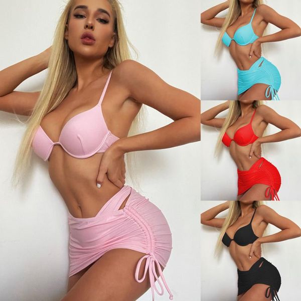 

one-piece suits three-piece bikini women's swimsuit solid color gather