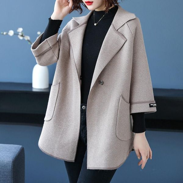 

women's wool & blends 2021 autumn winter women's cashmere coat plus size -6xl 3/4 sleeve loose cloak type casual woolen jackets f, Black