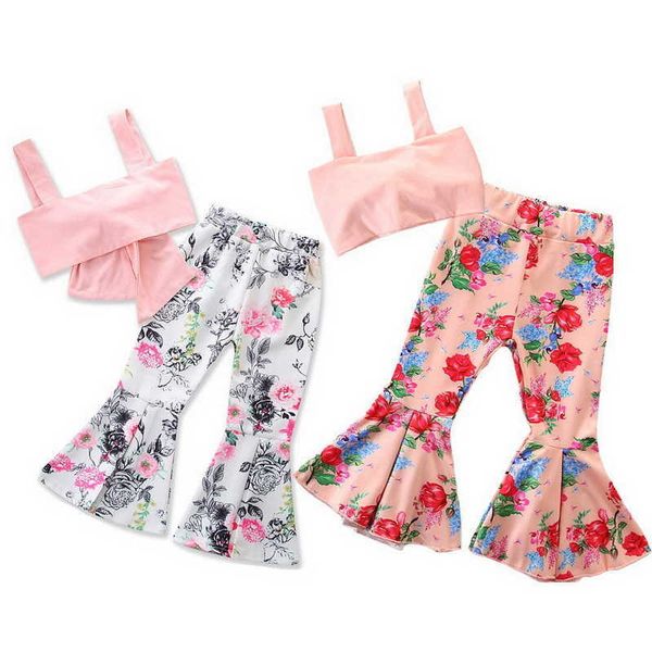 Einzelhandel Sommer Baby Mädchen 2 stücke Sets Nette Tops + Schlaghosen Bell-Bottom Blumendruck Mode Outfits E94014 210610