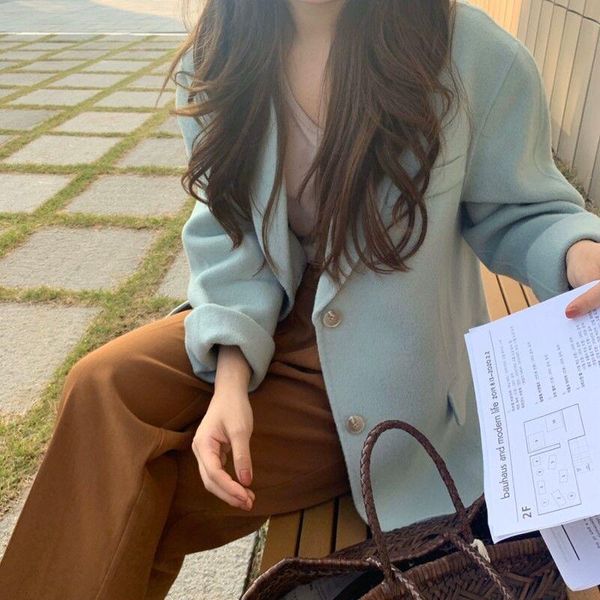 

women's wool & blends autumn and winter female temperament fashion girl series romantic blue korean style all-match woolen coat women, Black