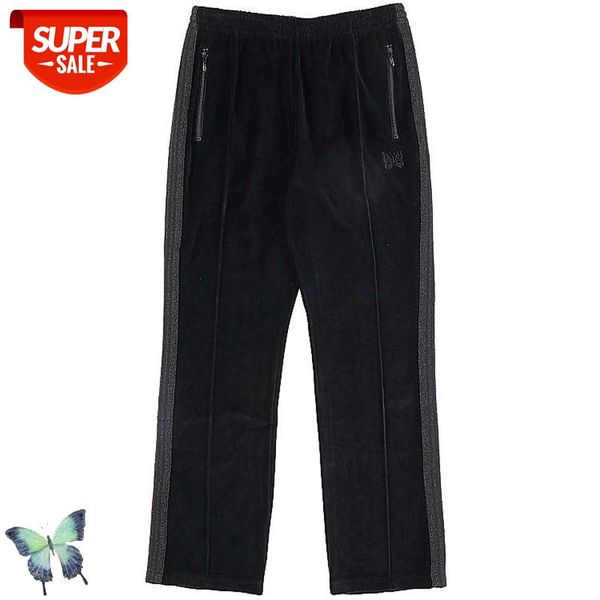 

needles black velvet butterfly embroidery webbing side pants trouser men women zipper pocket trousers fast shipping #ij2y