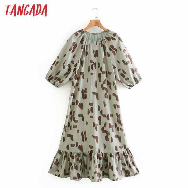 

tangada fashion women geometry print ruffles dress puff short sleeve office ladies midi dress xn209 210609, Black;gray