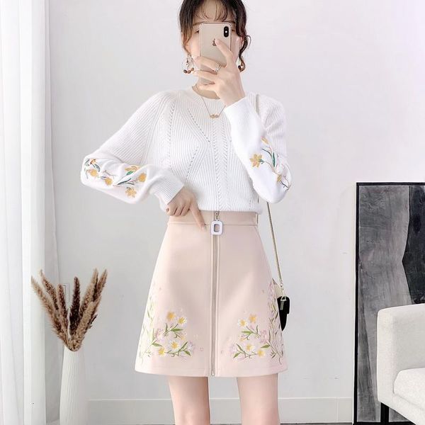 

2021 new autumn winter women's pullovers sweater & high waist embroidery suit lady floral skirt 2 piece clothing set n317ecus, Black;gray