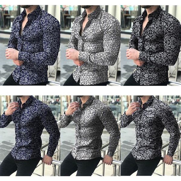 

fashion shirts for men long sleeve floral print shirt autumn shirts men dress camisa button lapels collar male turn down collar, White;black